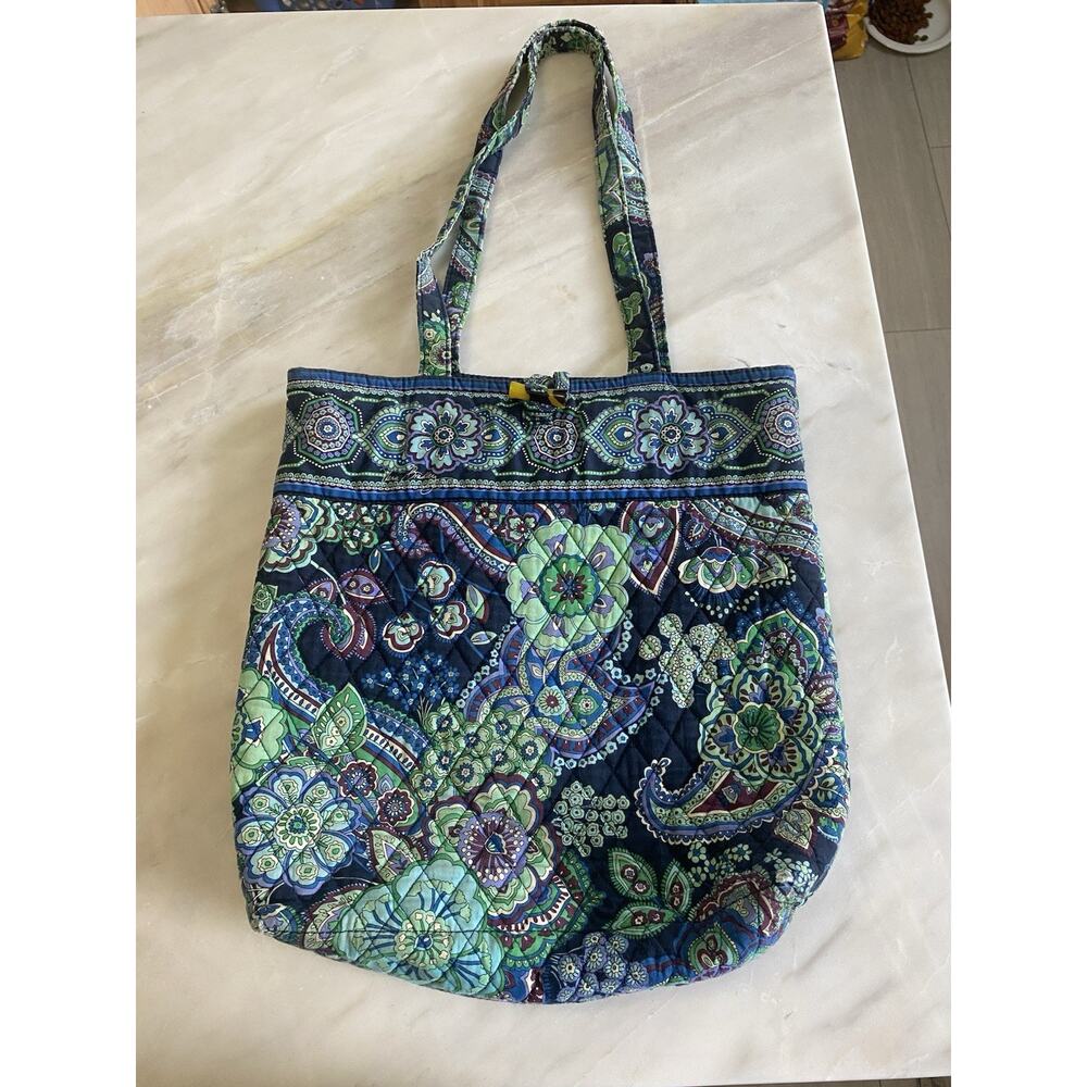 Vera Bradley Blue Rhapsody Green Large Tote Bag Toggle Closure Double Handles